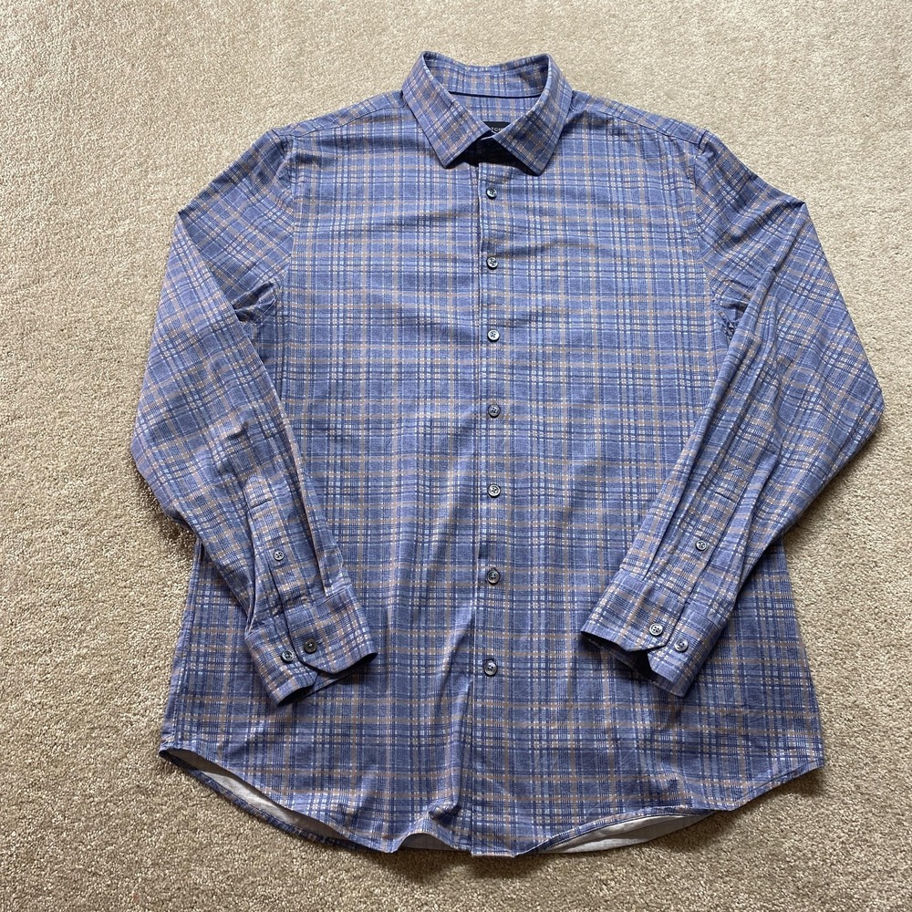 Bugatchi Shirt Mens Large Blue Beige Plaid Button Down 8‎ Way Stretch Casual Top